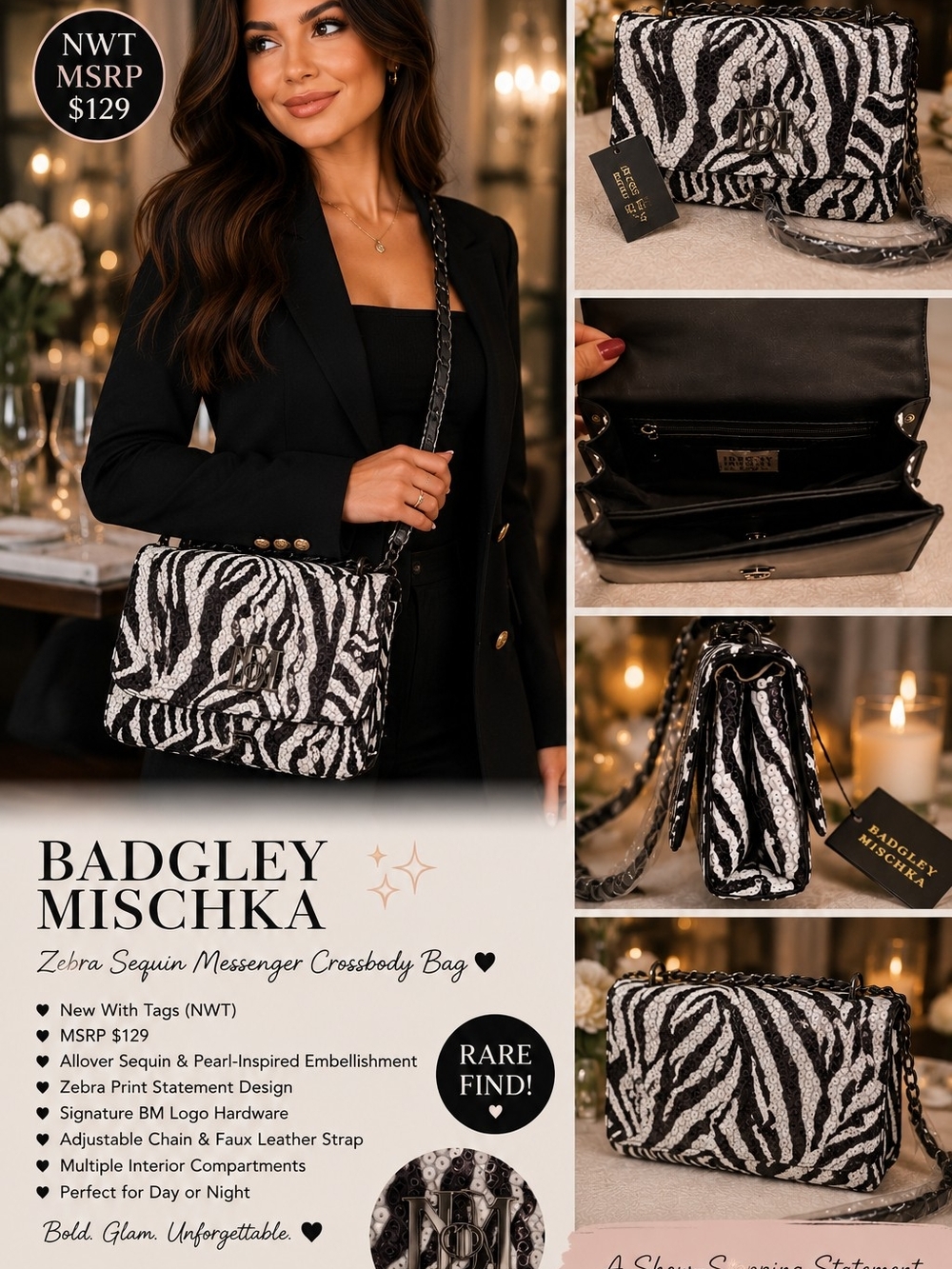 ✨ NWT Badgley Mischka Zebra Sequin Crossbody Glam Statement Bag ✨️